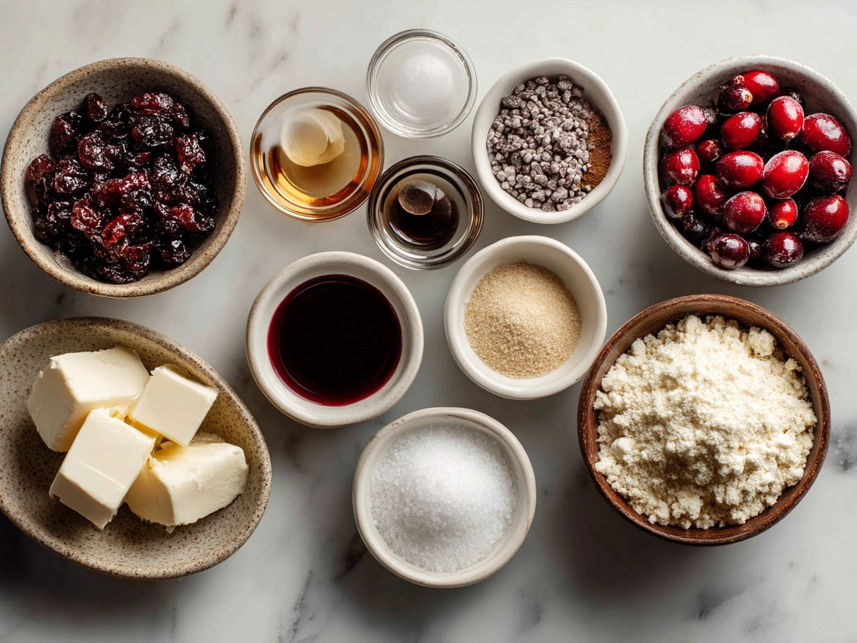 Ingredients for Cranberry Mousse Cups including cranberries, sugar, gelatin, heavy cream, and vanilla extract