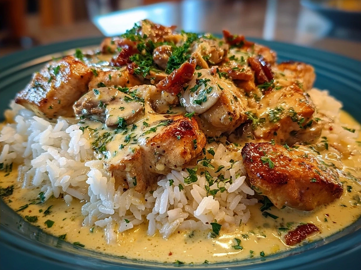 Final plated Creamy Tuscan Chicken served with creamy sauce and spinach