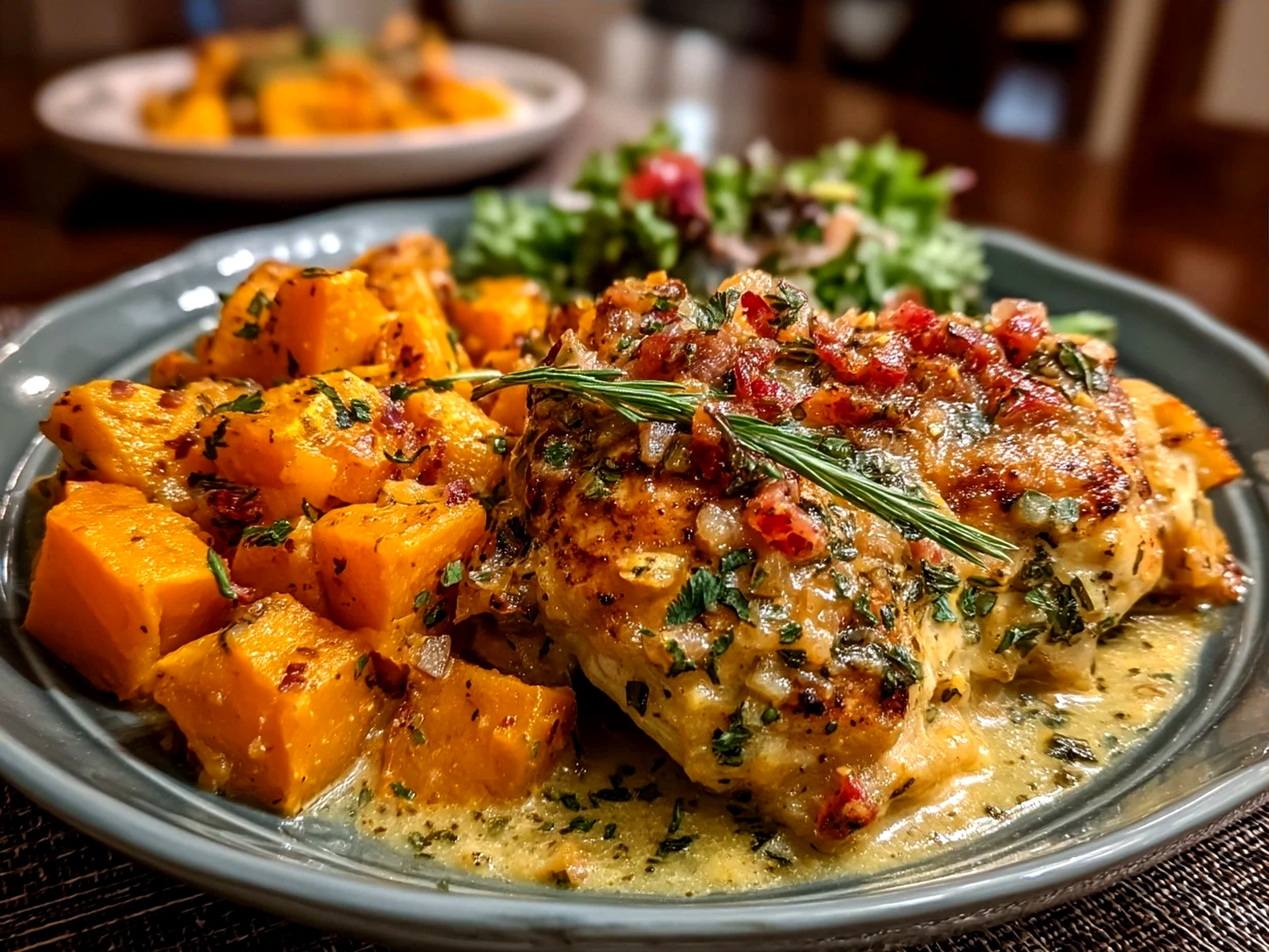 Served Crockpot Maple Dijon Chicken With Butternut Squash on a plate with green beans