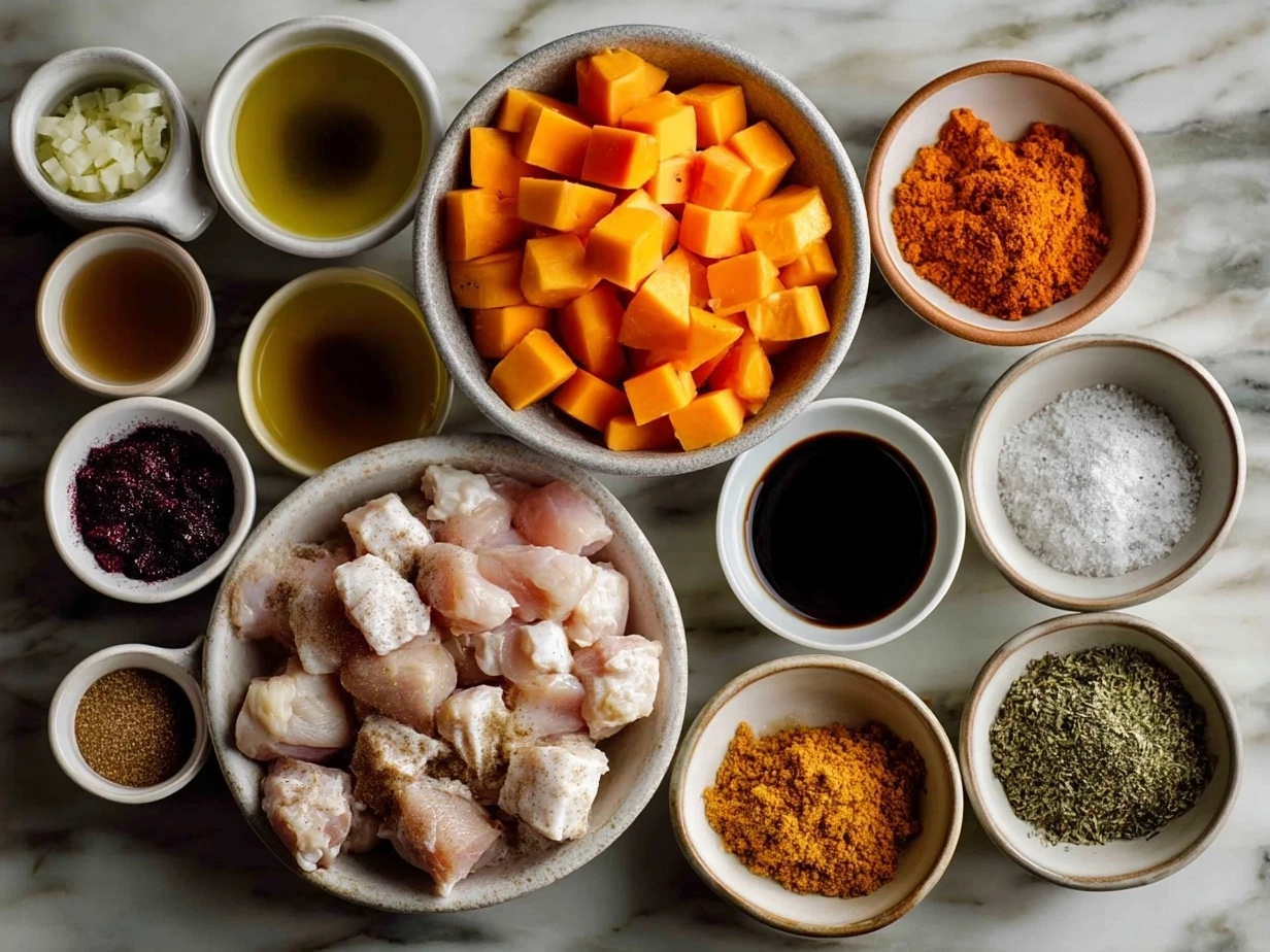 Ingredients for Crockpot Maple Dijon Chicken With Butternut Squash including chicken breasts, butternut squash cubes, maple syrup, Dijon mustard, garlic, and olive oil