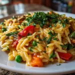 Delicious One-Pot Veggie Cream Orzo close-up