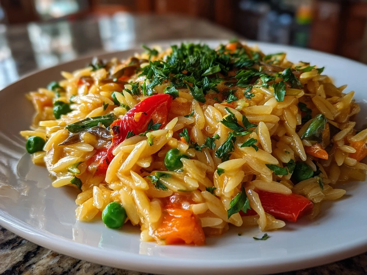 Delicious One-Pot Veggie Cream Orzo close-up