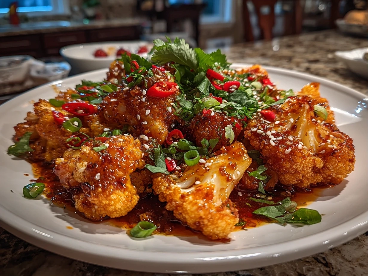 Delicious Spicy Korean Cauliflower on white plate