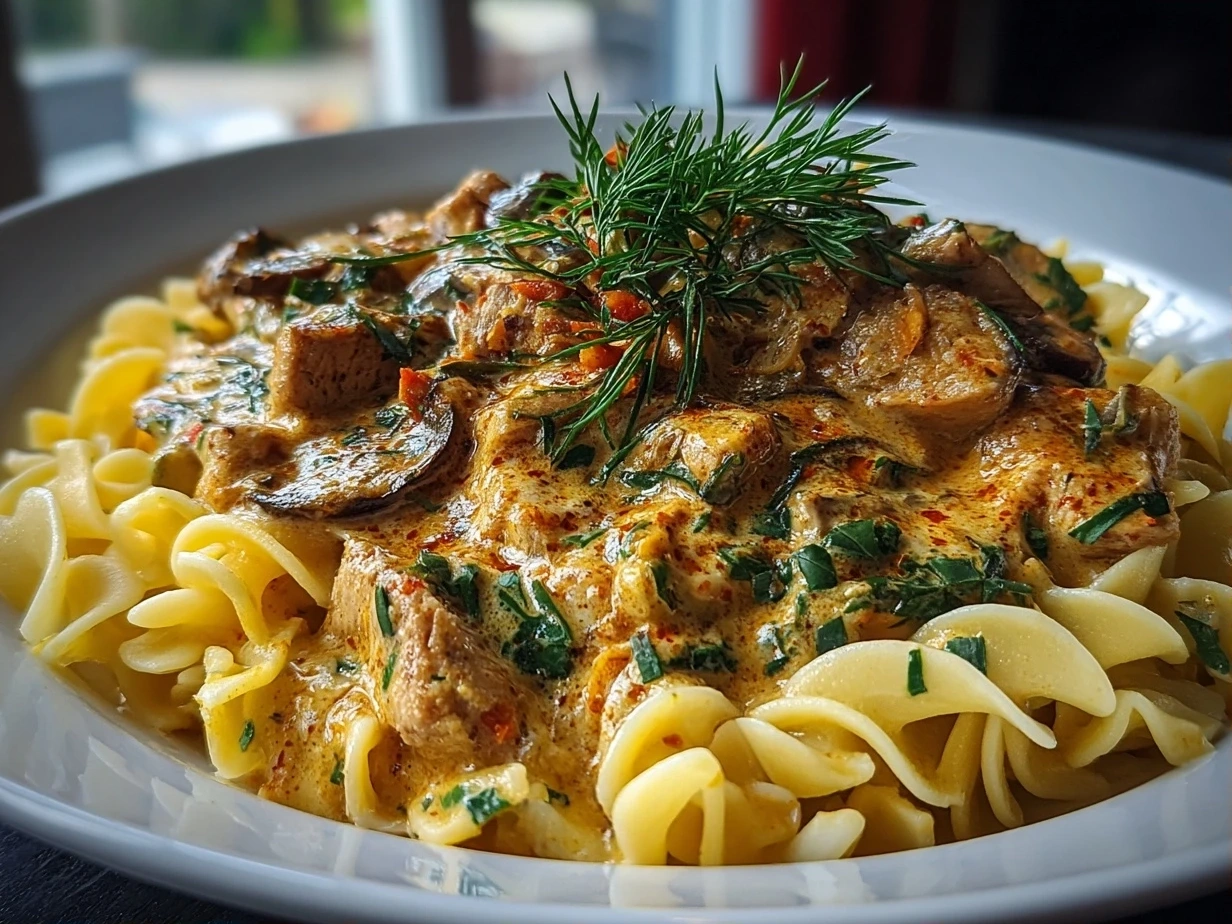 Delicious Turkey Stroganoff plated
