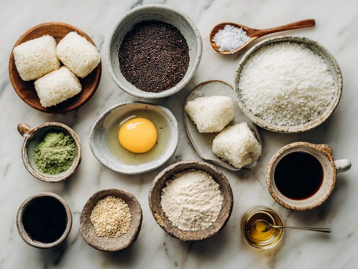 Ingredients for Easy Yaki Onigiri including Japanese short-grain rice, soy sauce, mirin, sugar, vegetable oil, and optional sesame seeds or furikake seasoning