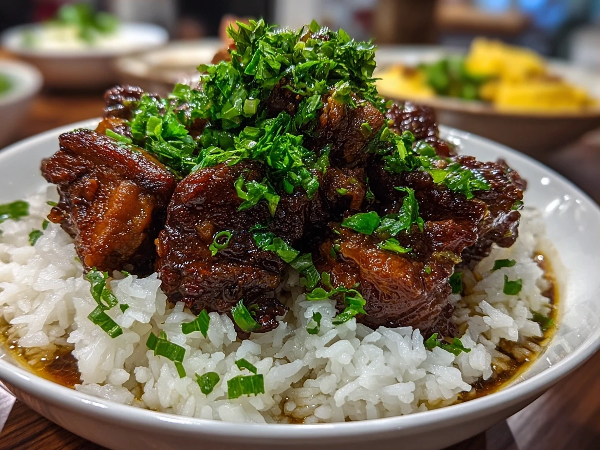 Filipino Chicken Adobo served in a bowl with rice and garnish