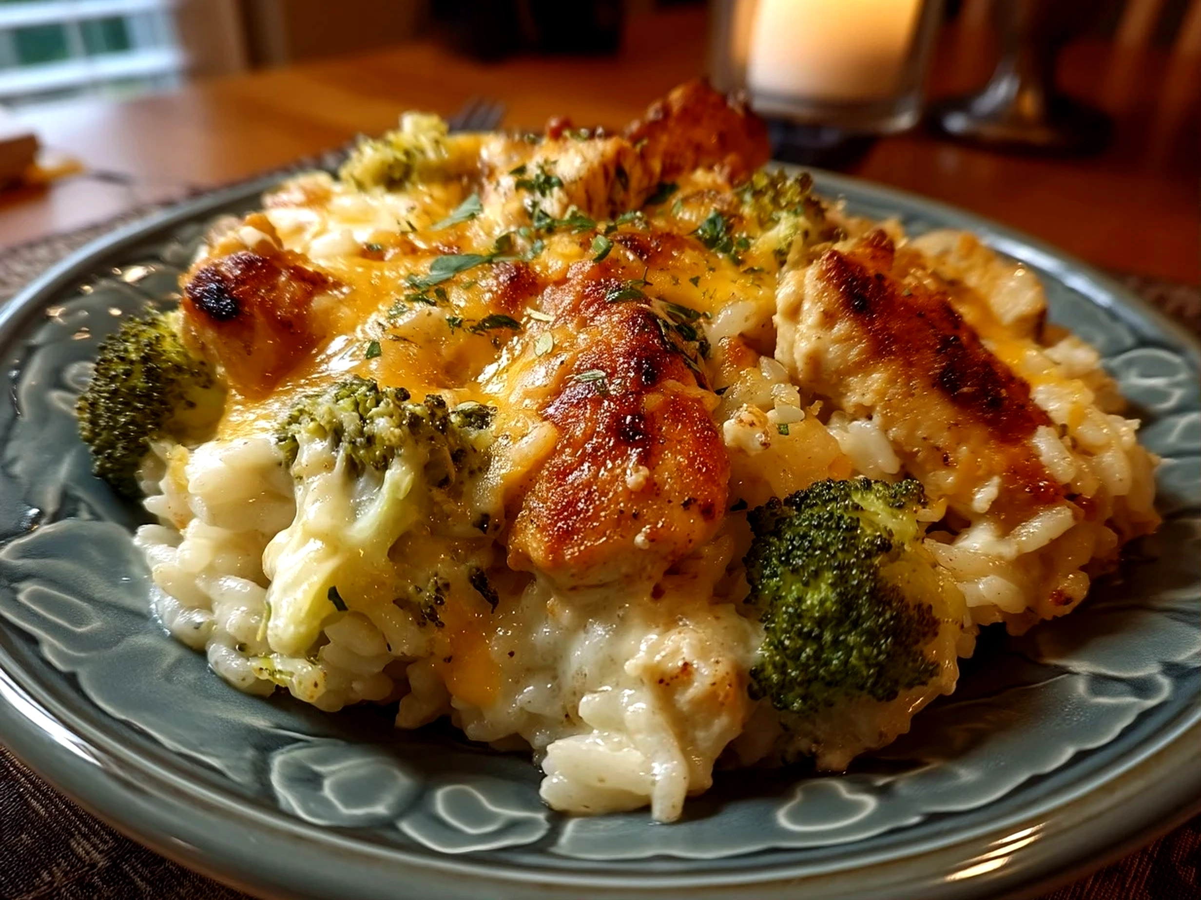 Close-up of finished Cheesy Broccoli Chicken and Rice Casserole with melted cheese and broccoli