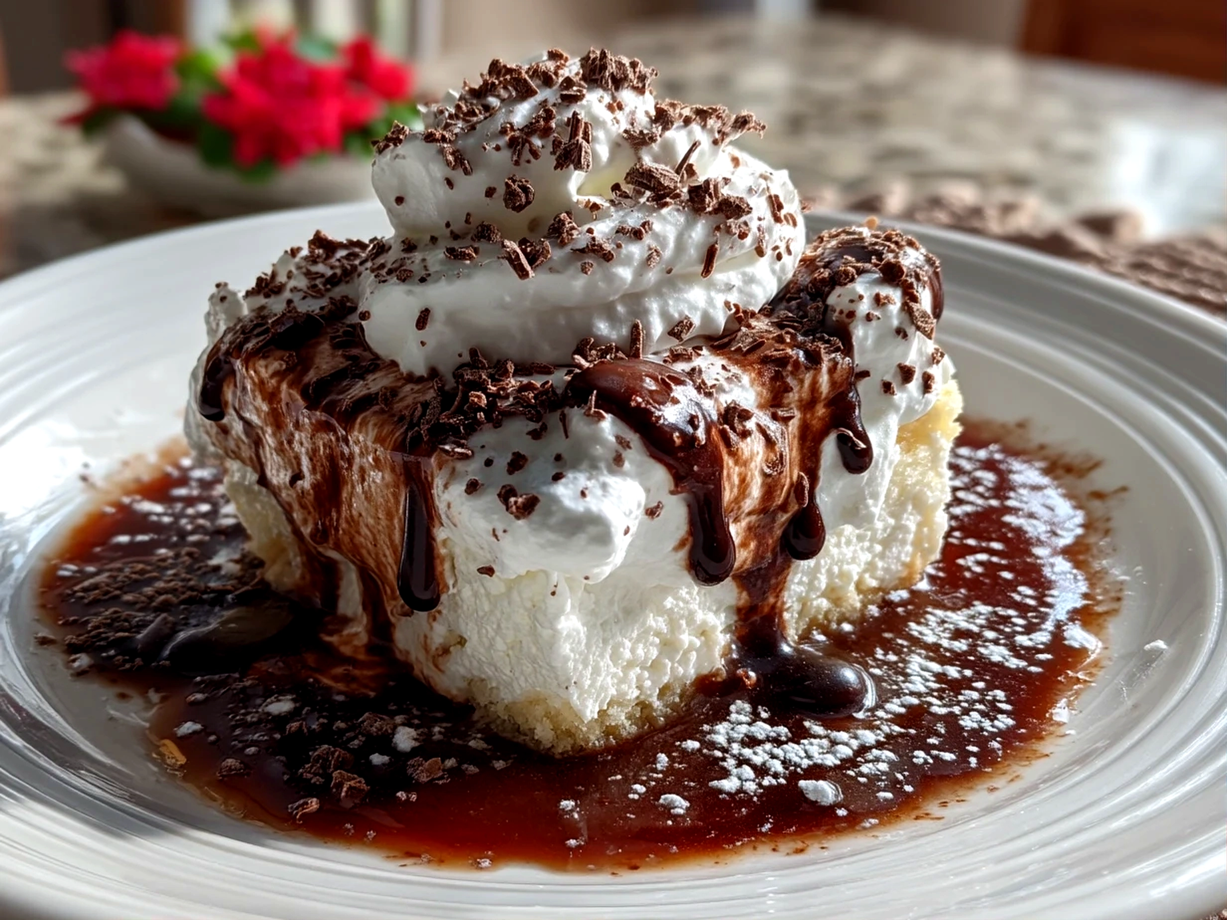 Close-up of finished Chocolate Cream Delight dessert showing creamy layers and shaved chocolate garnish