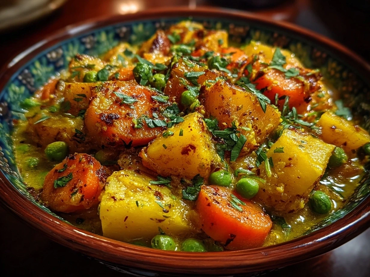 Close-up of finished Crockpot Potato Pea Curry showing creamy texture and tender potatoes