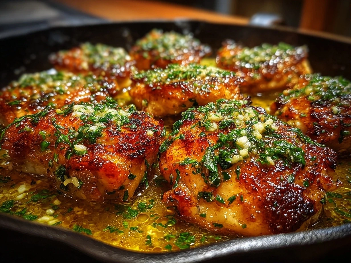 Close-up of finished Garlic Butter Chicken Thigh Skillet with crispy skin and garlic butter sauce