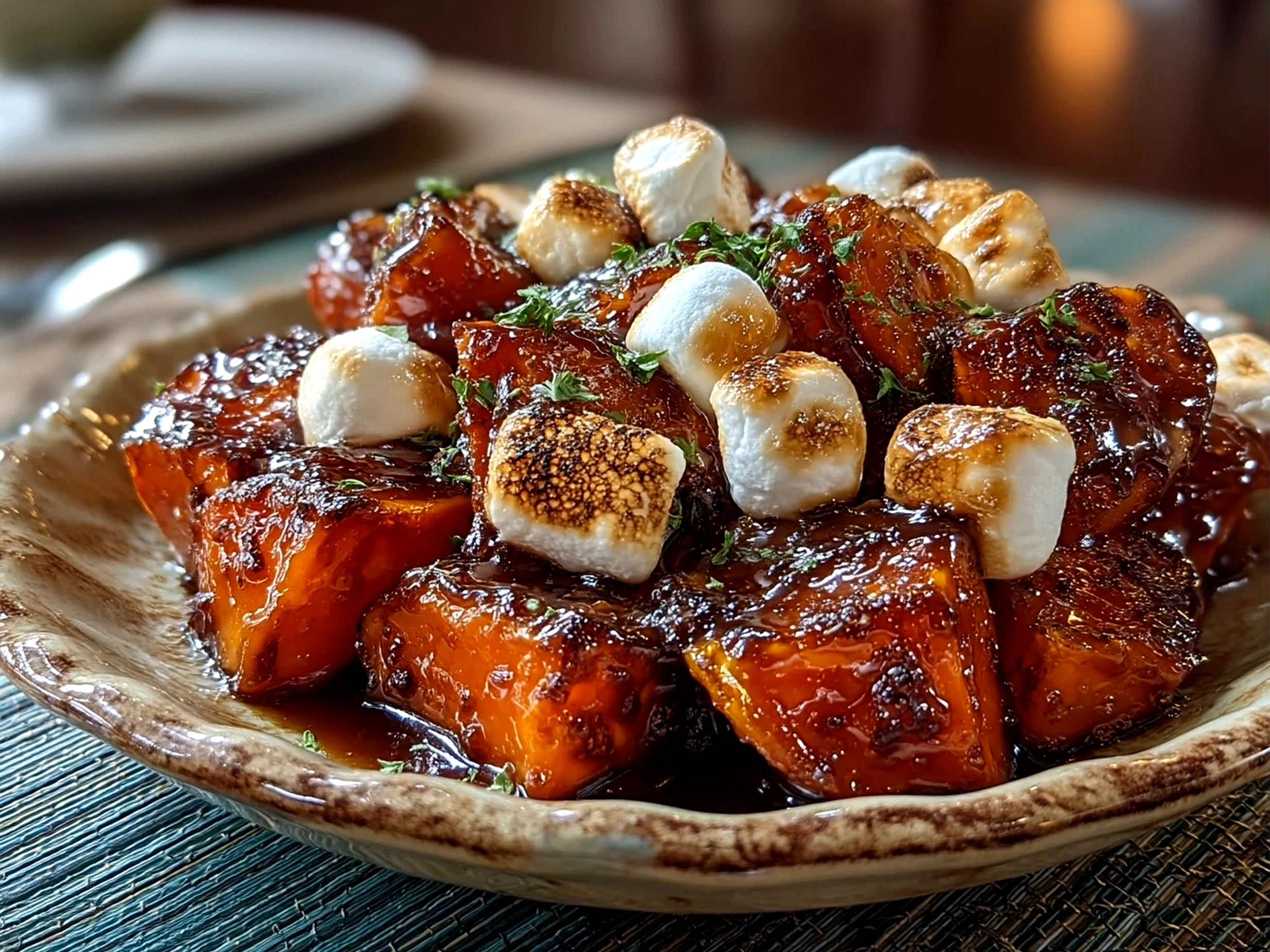 Finished Glazed Candied Sweet Potatoes With Marshmallows served in a dish