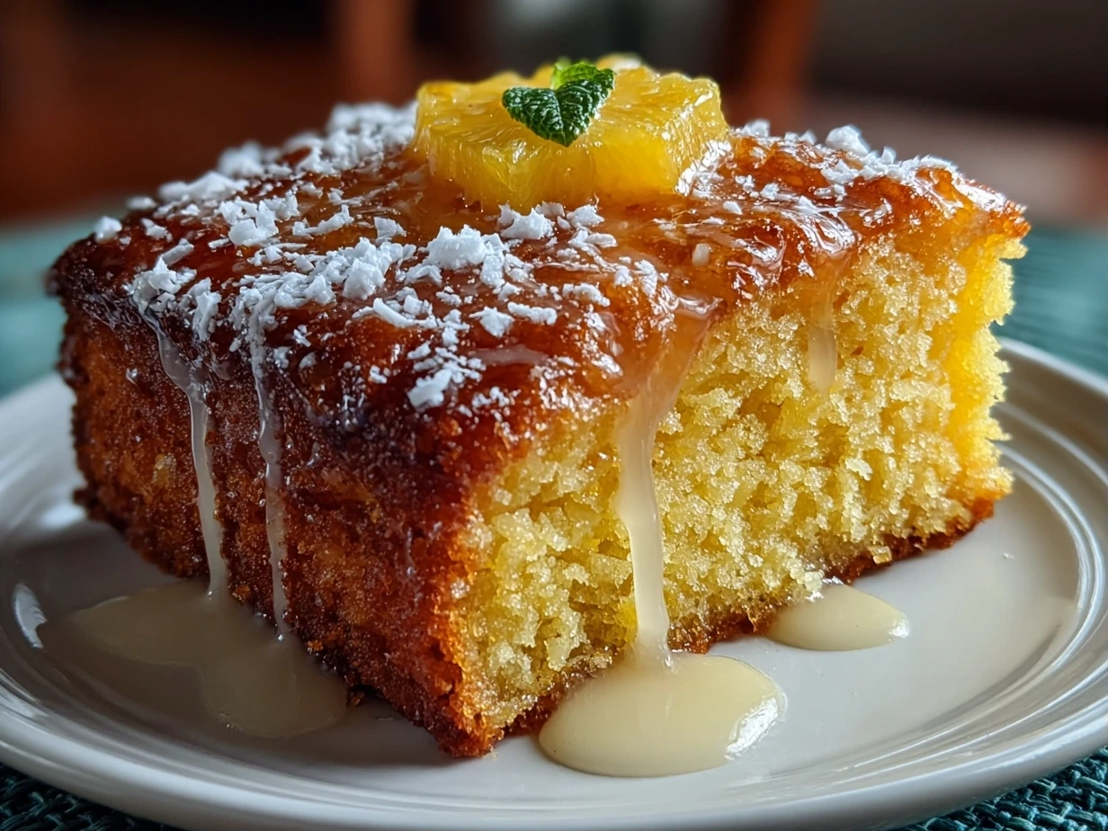 Close-up view of a finished Juicy Pineapple Cake with moist texture and pineapple chunks visible