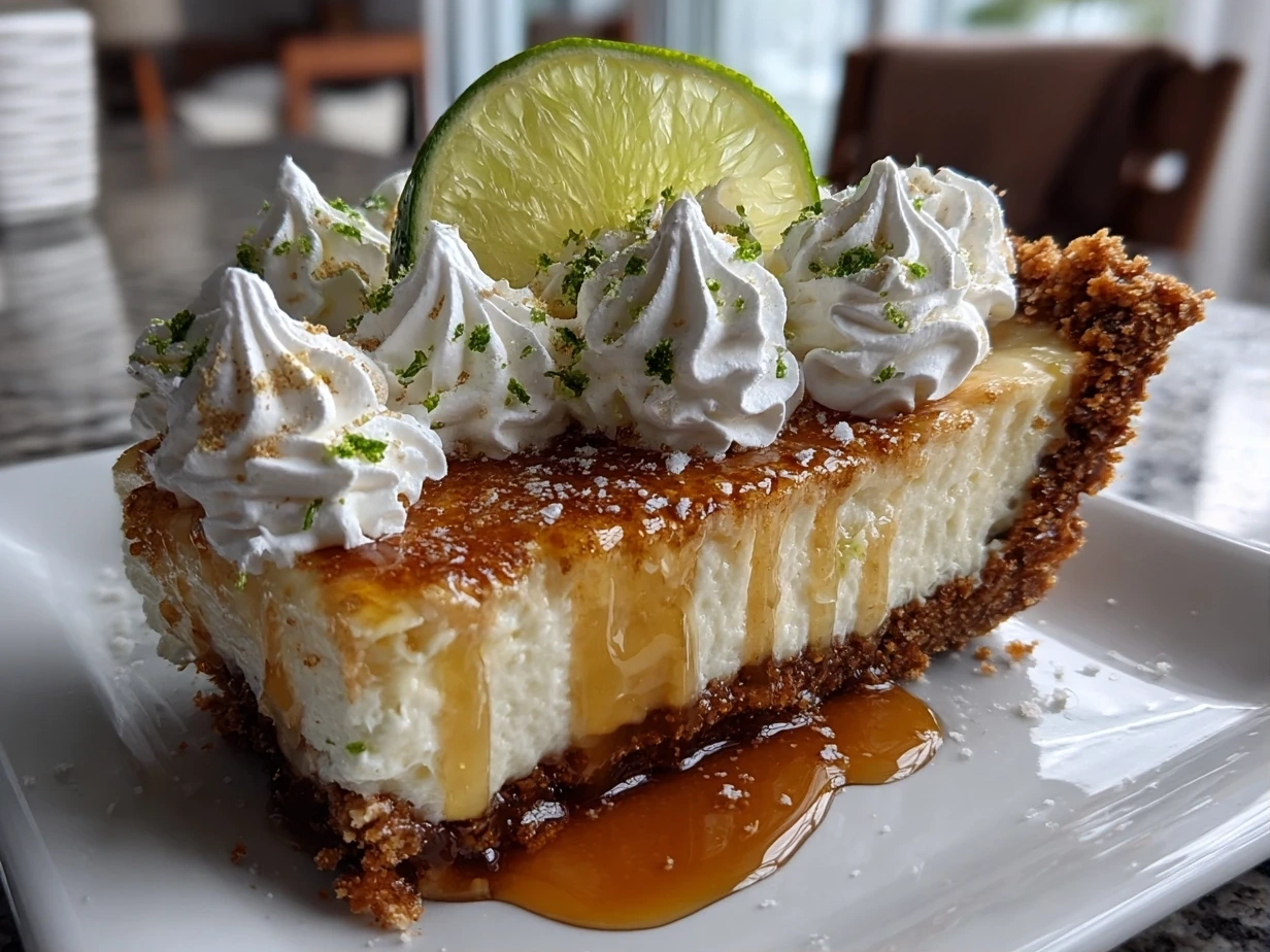 Finished Key Lime Pie ready to serve with whipped cream topping