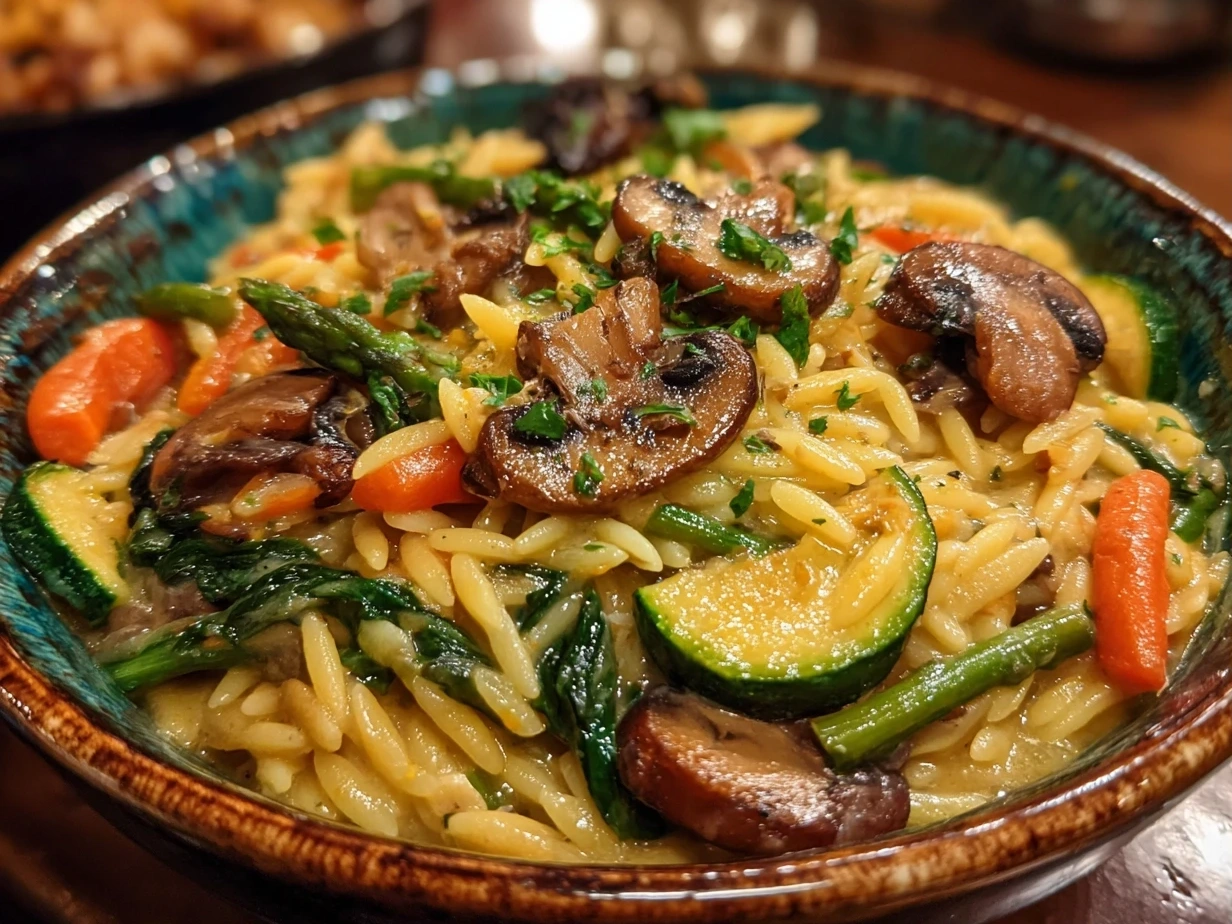 Close-up of finished One-Pot Veggie Cream Orzo in a bowl