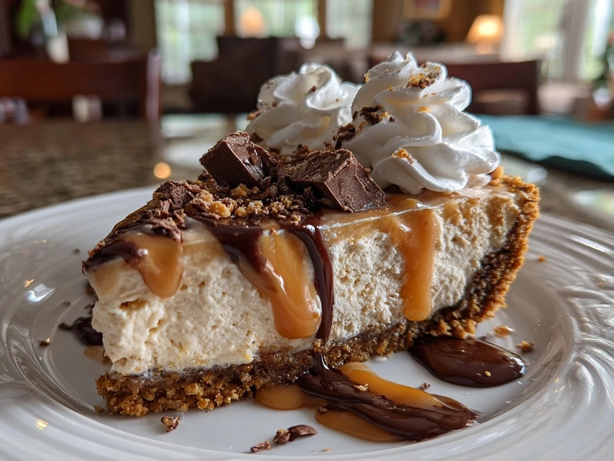 Close-up of a finished creamy Peanut Butter Pie with optional chocolate garnish