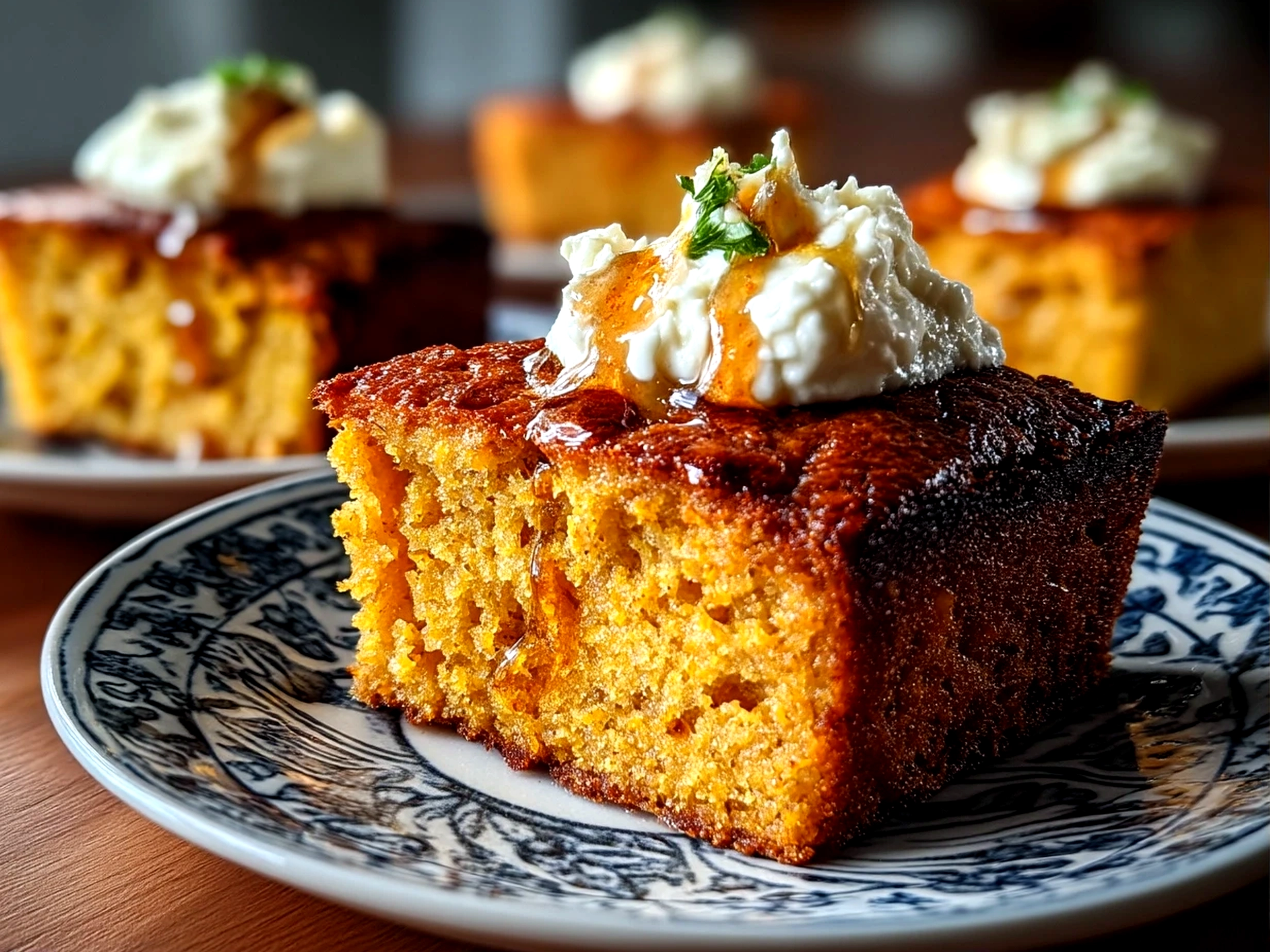 Close-up of finished Pumpkin Cornbread served with cinnamon honey butter on top