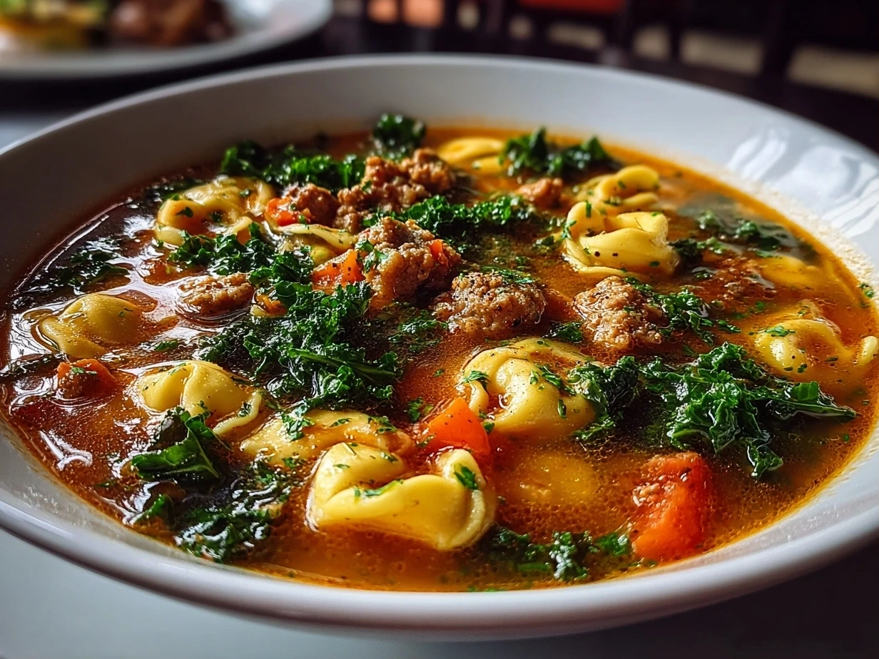 Finished bowl of Tortellini Soup with Sausage and Kale, garnished and ready to eat