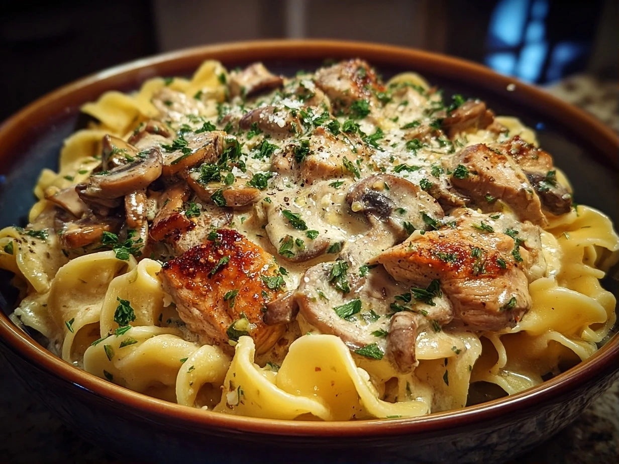 Close-up view of creamy finished Turkey Stroganoff served on a plate