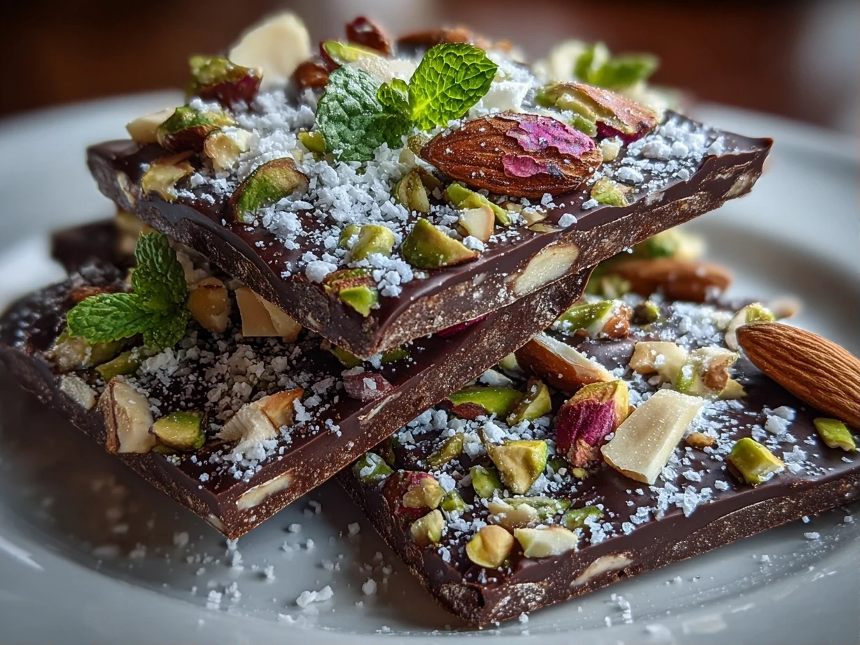 Finished homemade Chocolate Date Bark broken into pieces arranged on a wooden surface