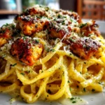 Food blogger, taken with iPhone 15 Pro. Close-up slight angle of delicious Chicken Garlic Parmesan Pasta on white plate. Mouthwatering --ar 4:3 --style raw --s 245