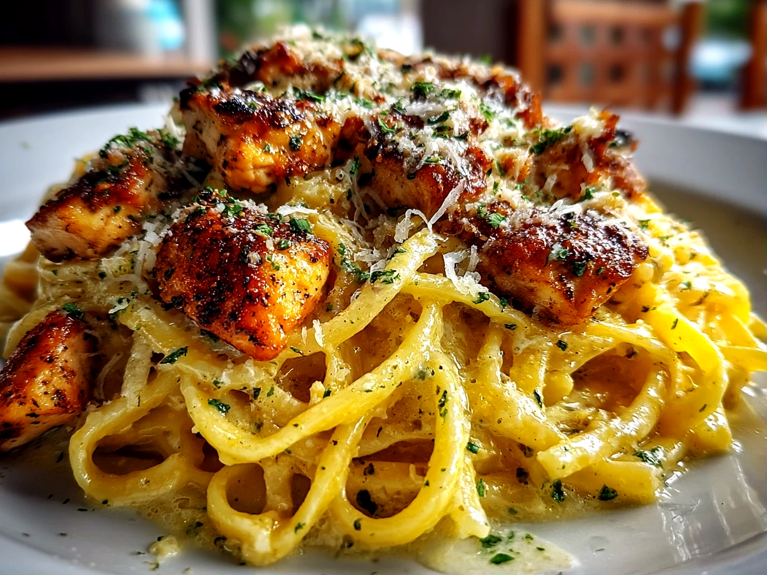 Food blogger, taken with iPhone 15 Pro. Close-up slight angle of delicious Chicken Garlic Parmesan Pasta on white plate. Mouthwatering --ar 4:3 --style raw --s 245