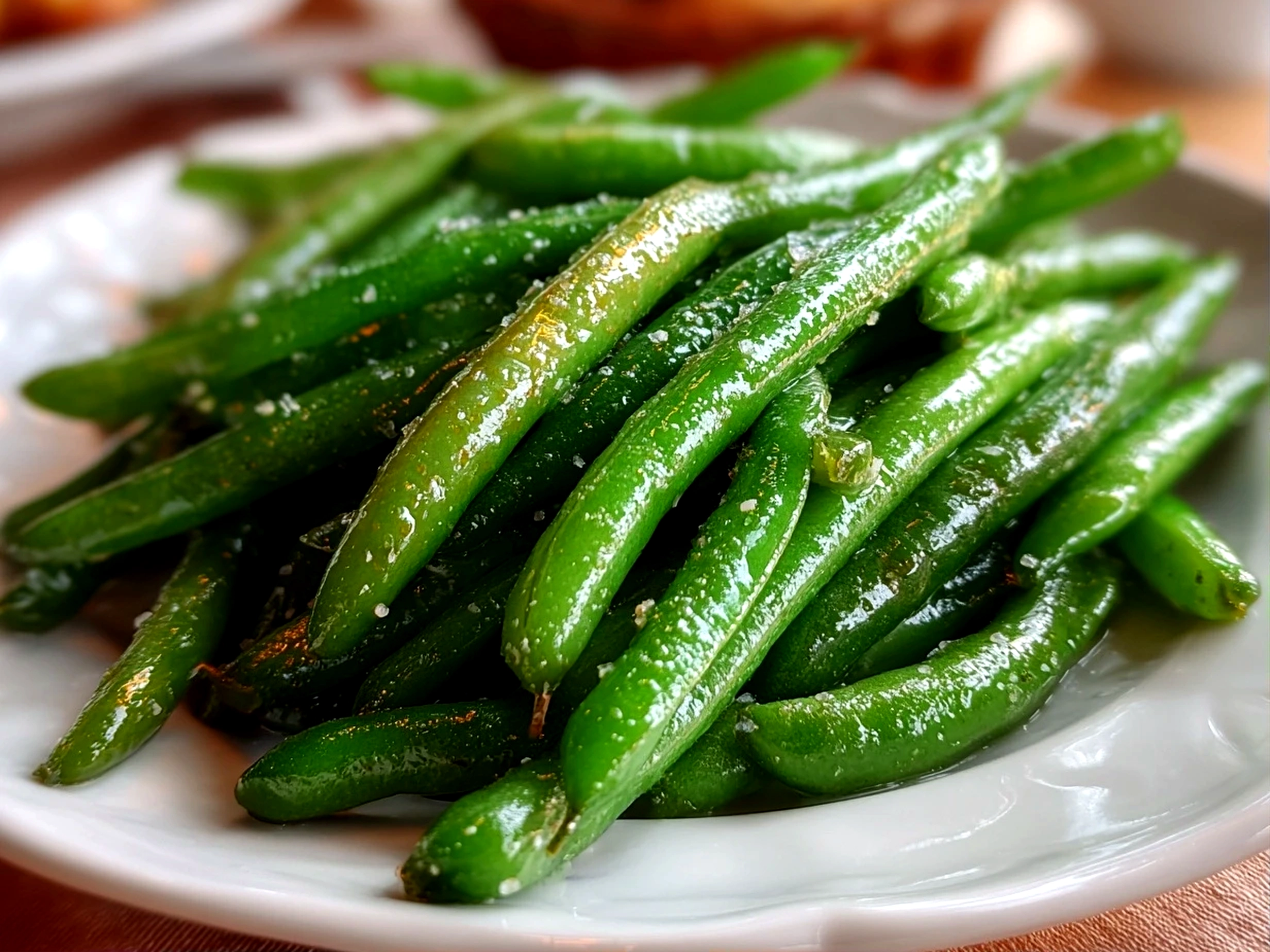 Fresh green beans on white plate