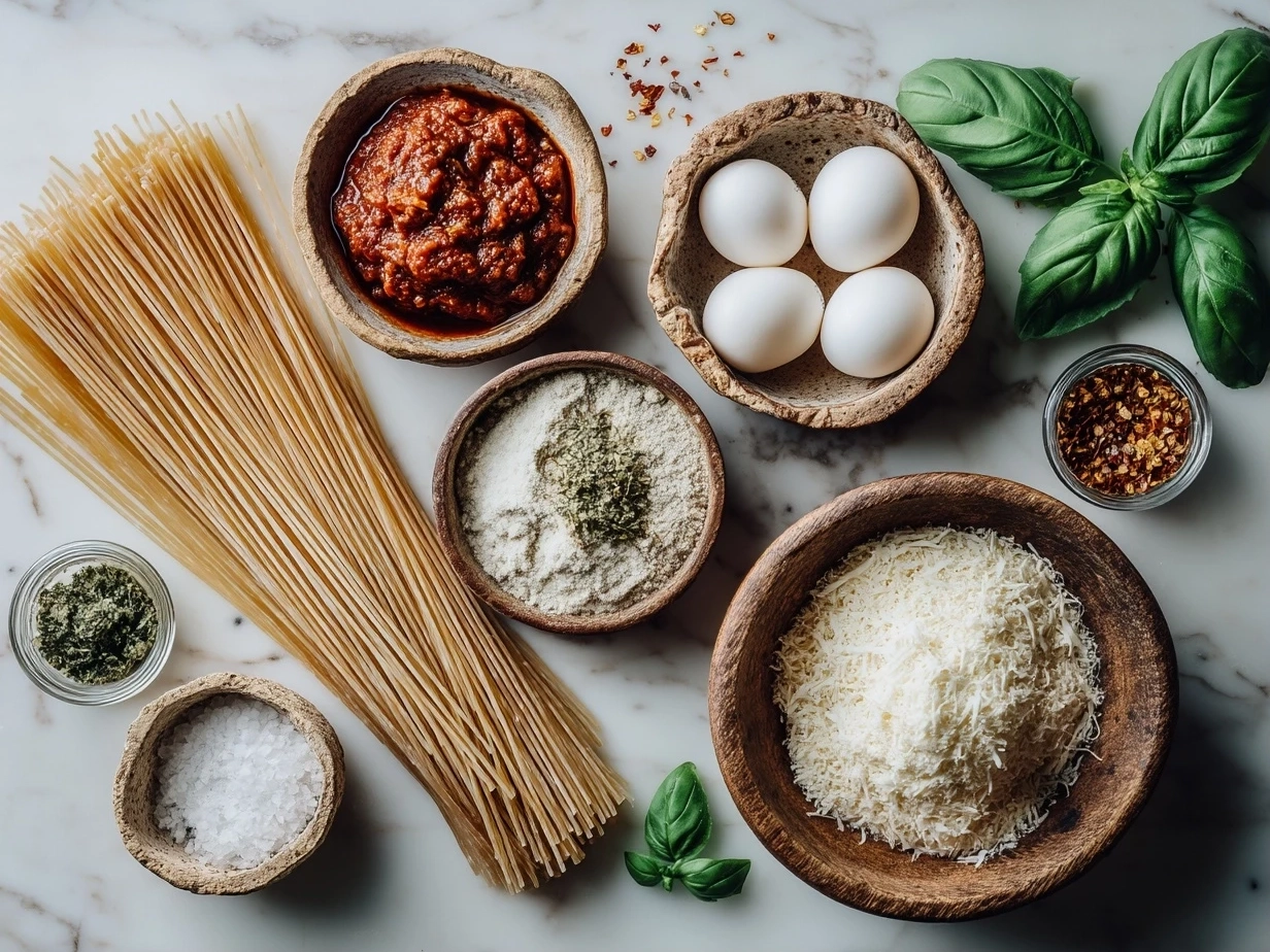 Fresh ingredients for tomato basil noodle soup including tomatoes, basil, garlic, onions, and egg noodles