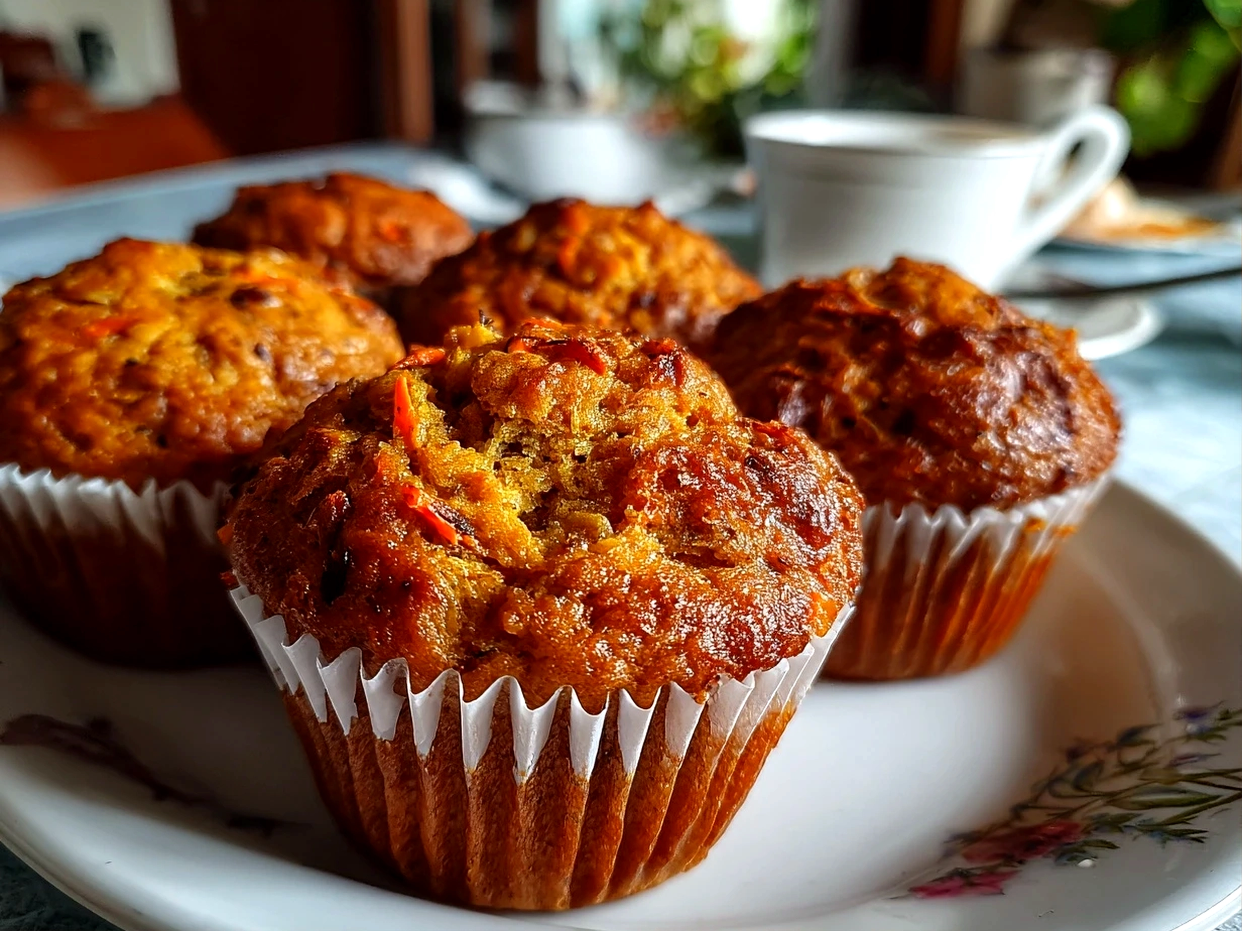 Freshly baked carrot cake muffins on clean counter