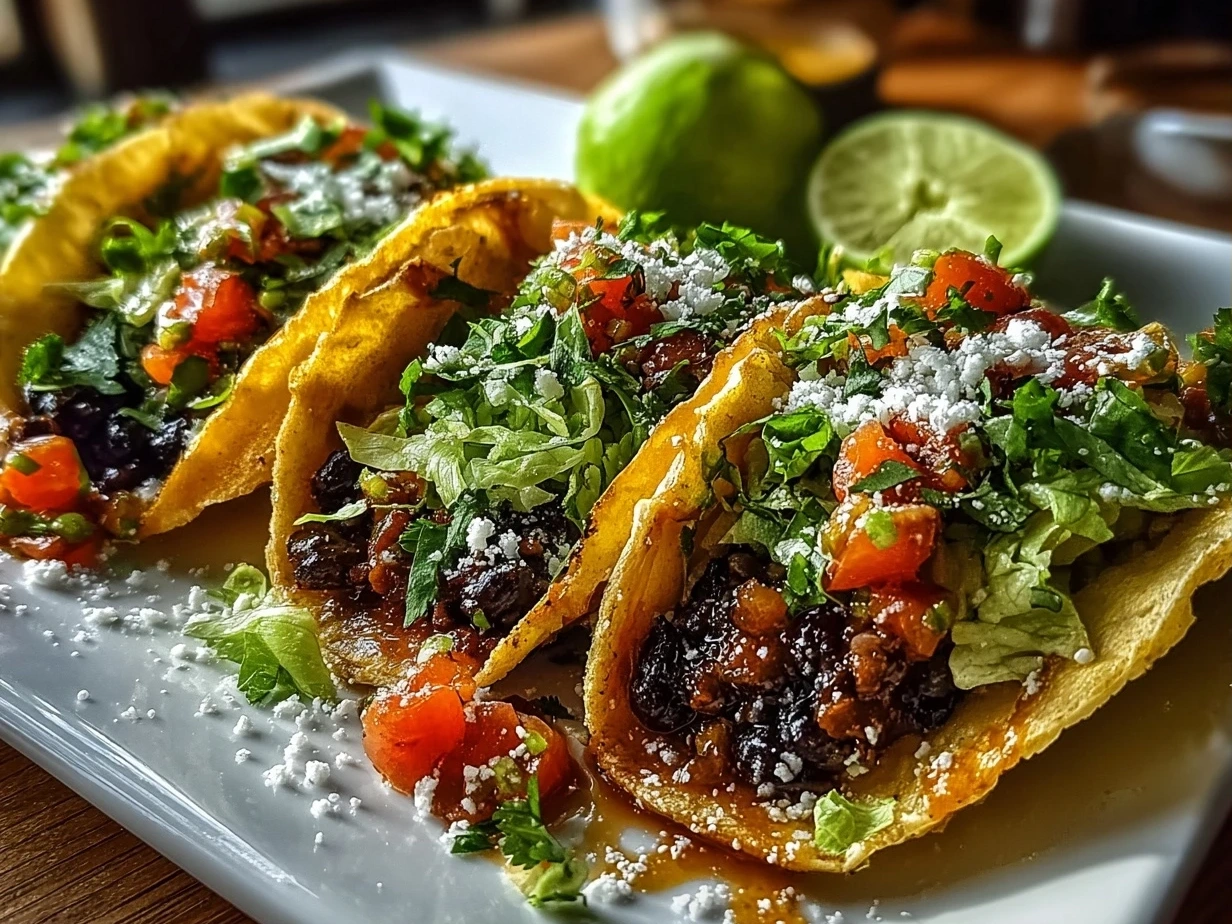 Freshly prepared black bean tacos close-up