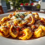 Freshly prepared Cheese Tortellini in Creamy Marinara served on white plate