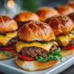 Freshly prepared cheeseburger sliders on white plate