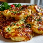 Freshly prepared Cheesy Potatoes on white plate