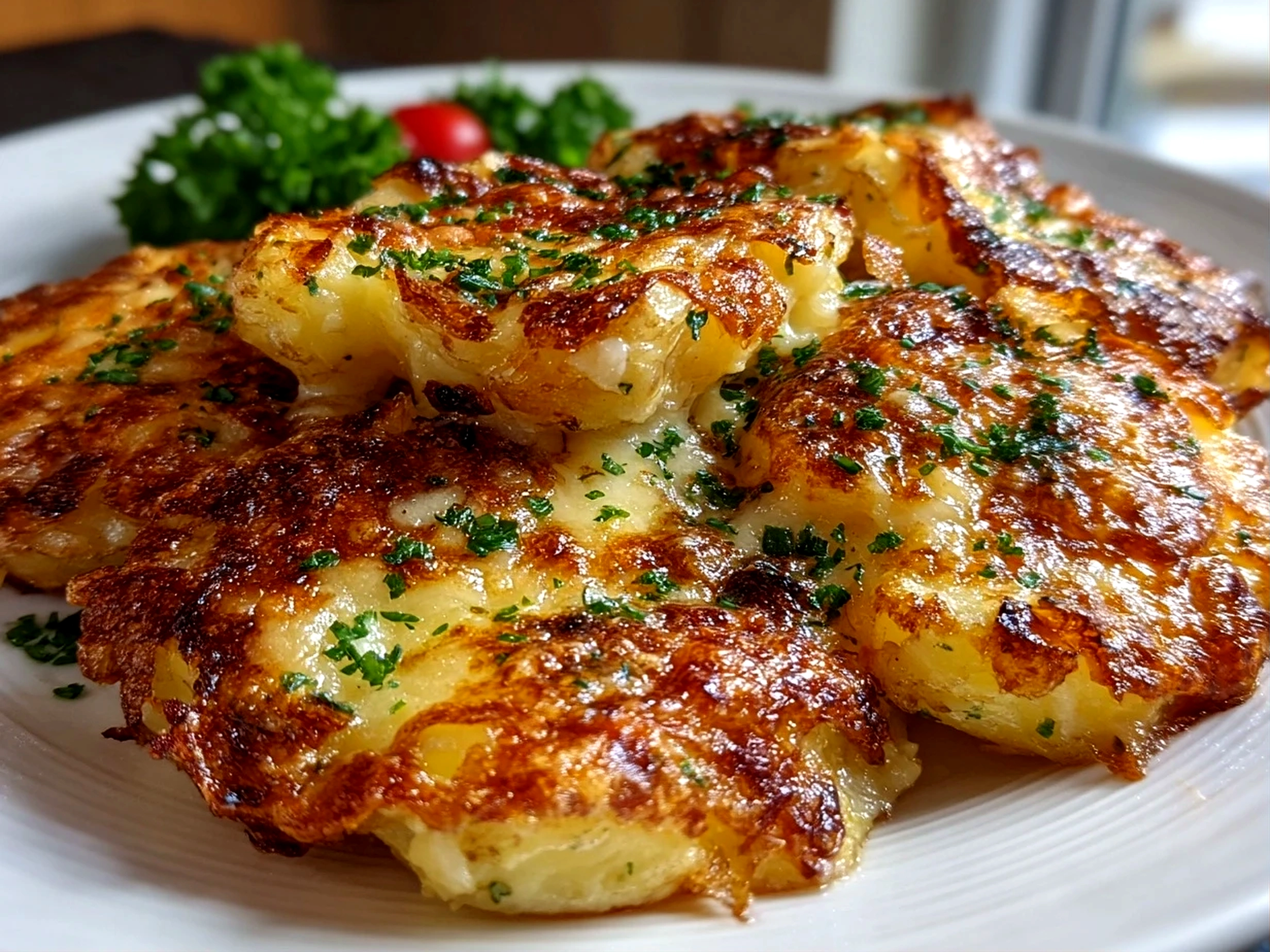 Freshly prepared Cheesy Potatoes on white plate