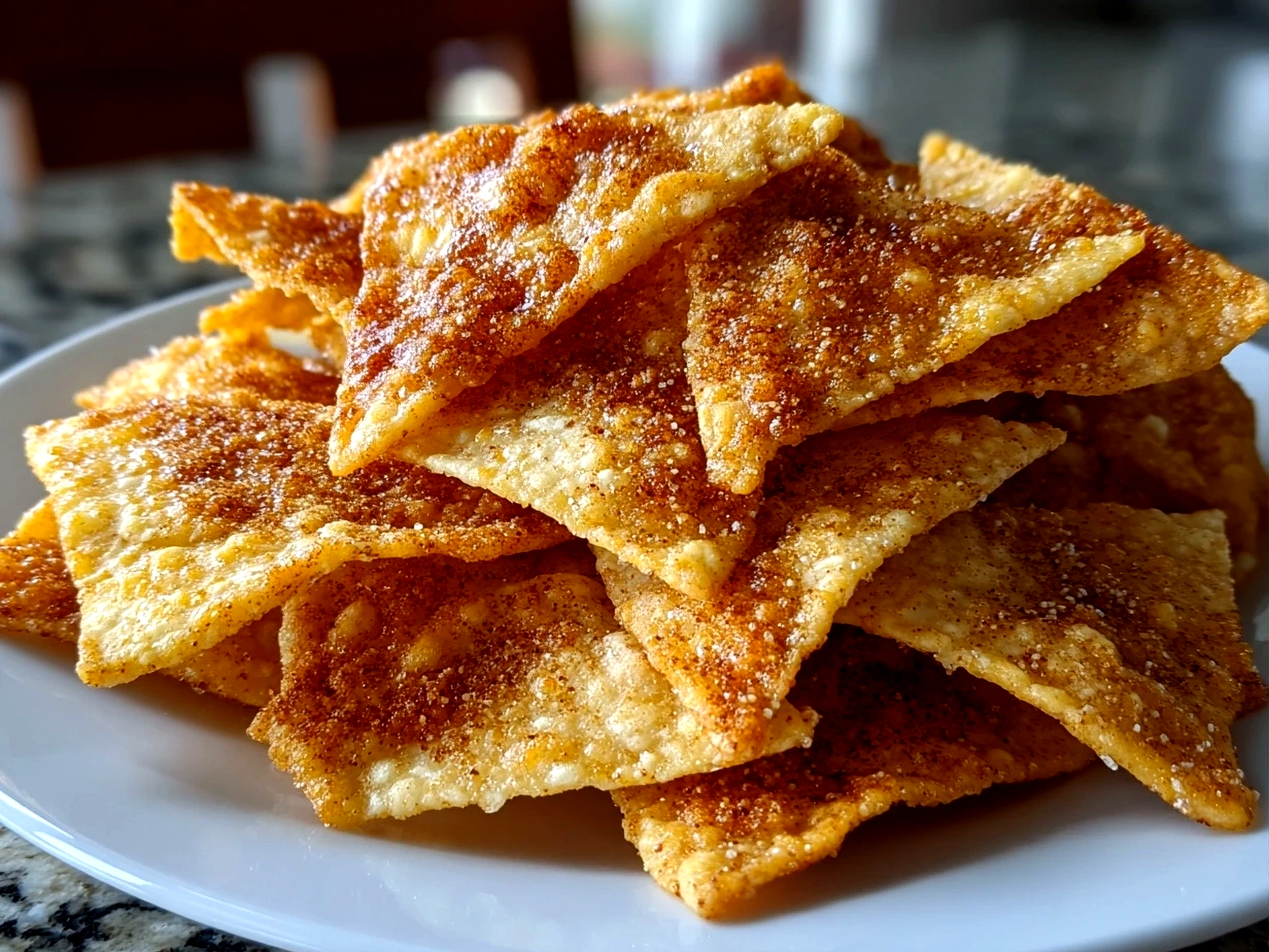 Freshly prepared cinnamon tortilla chips close-up