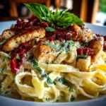 Freshly prepared Fettuccine Alfredo with Chicken and Sundried Tomatoes on white plate