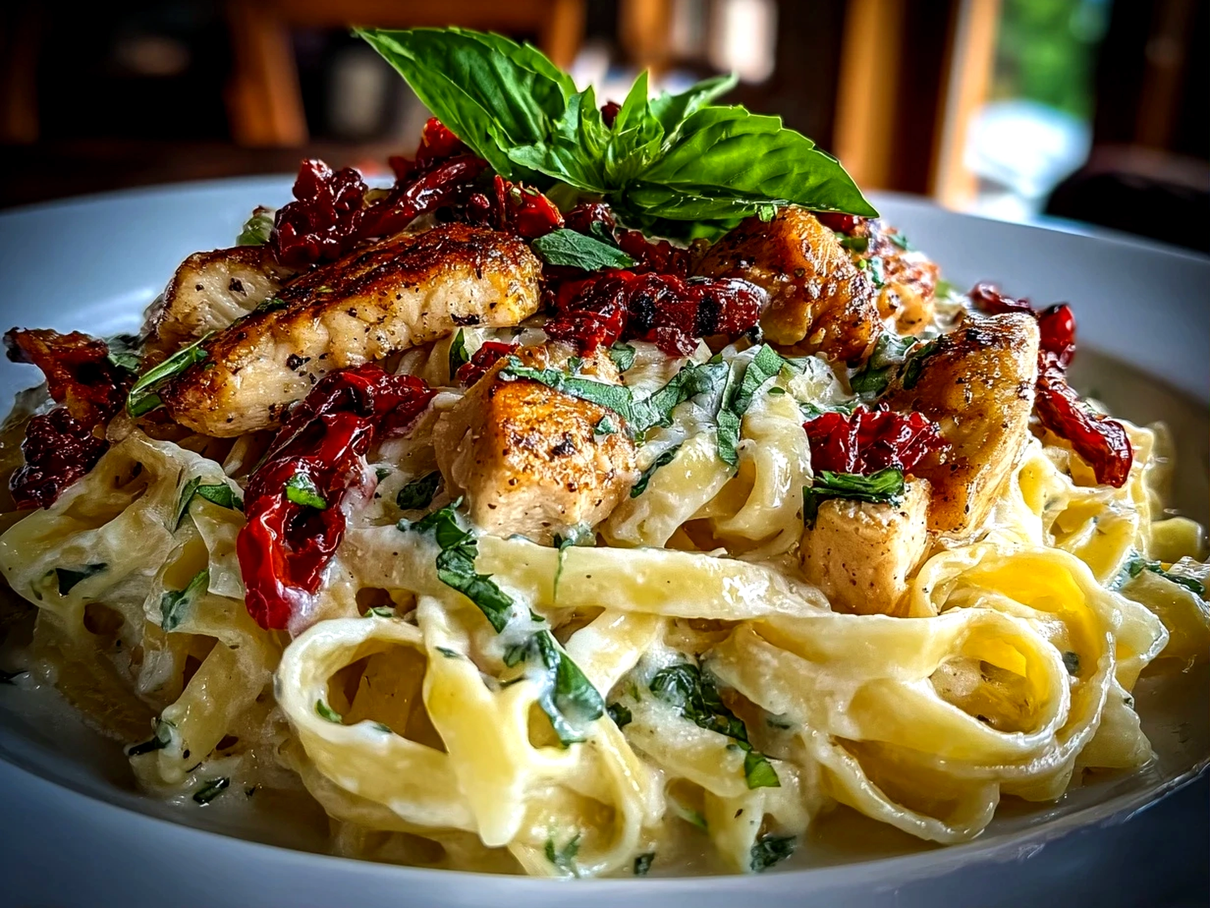 Freshly prepared Fettuccine Alfredo with Chicken and Sundried Tomatoes on white plate