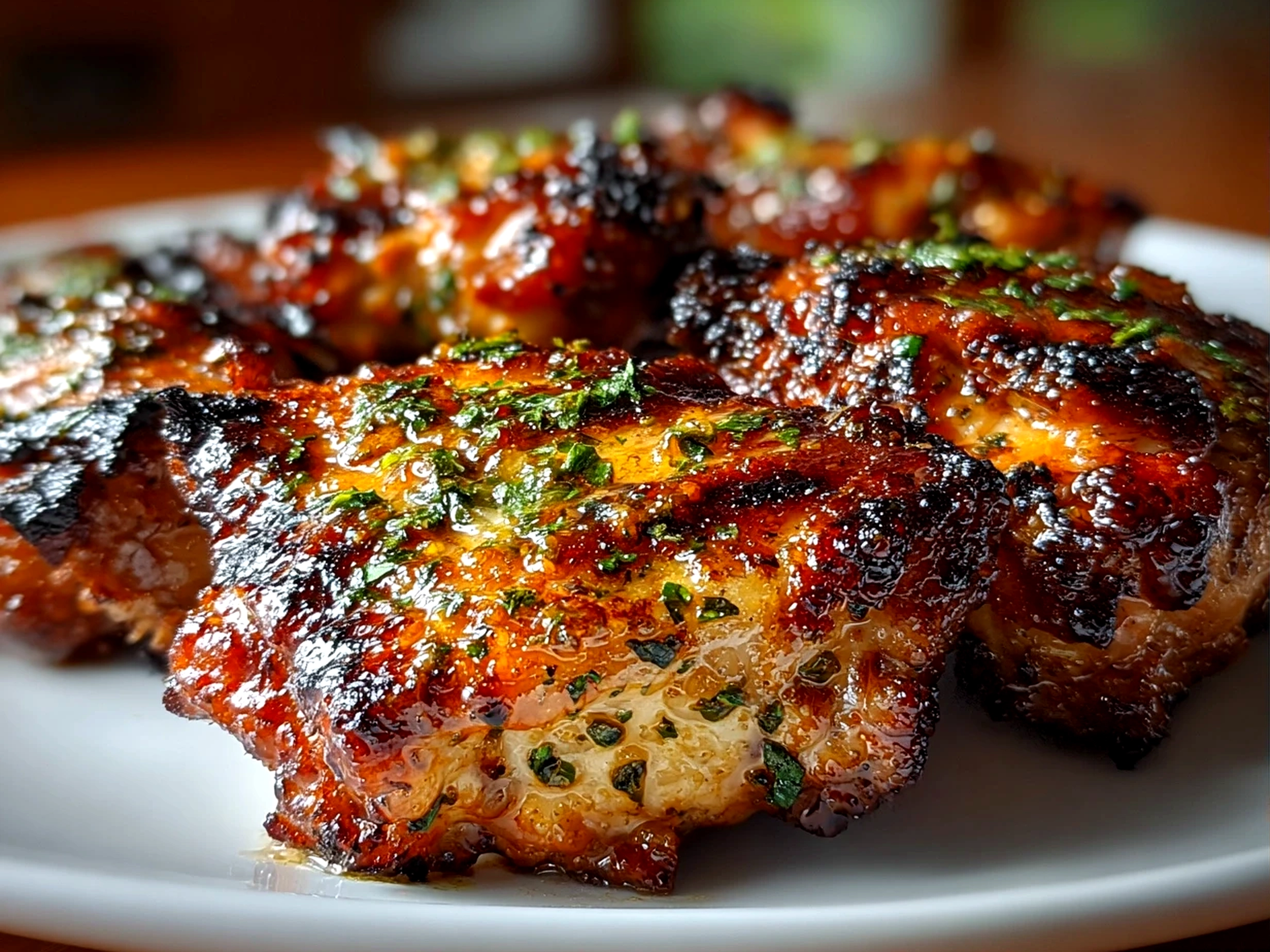 Freshly prepared grilled BBQ boneless chicken thighs