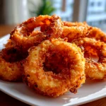 Freshly prepared homemade crispy onion rings on white plate