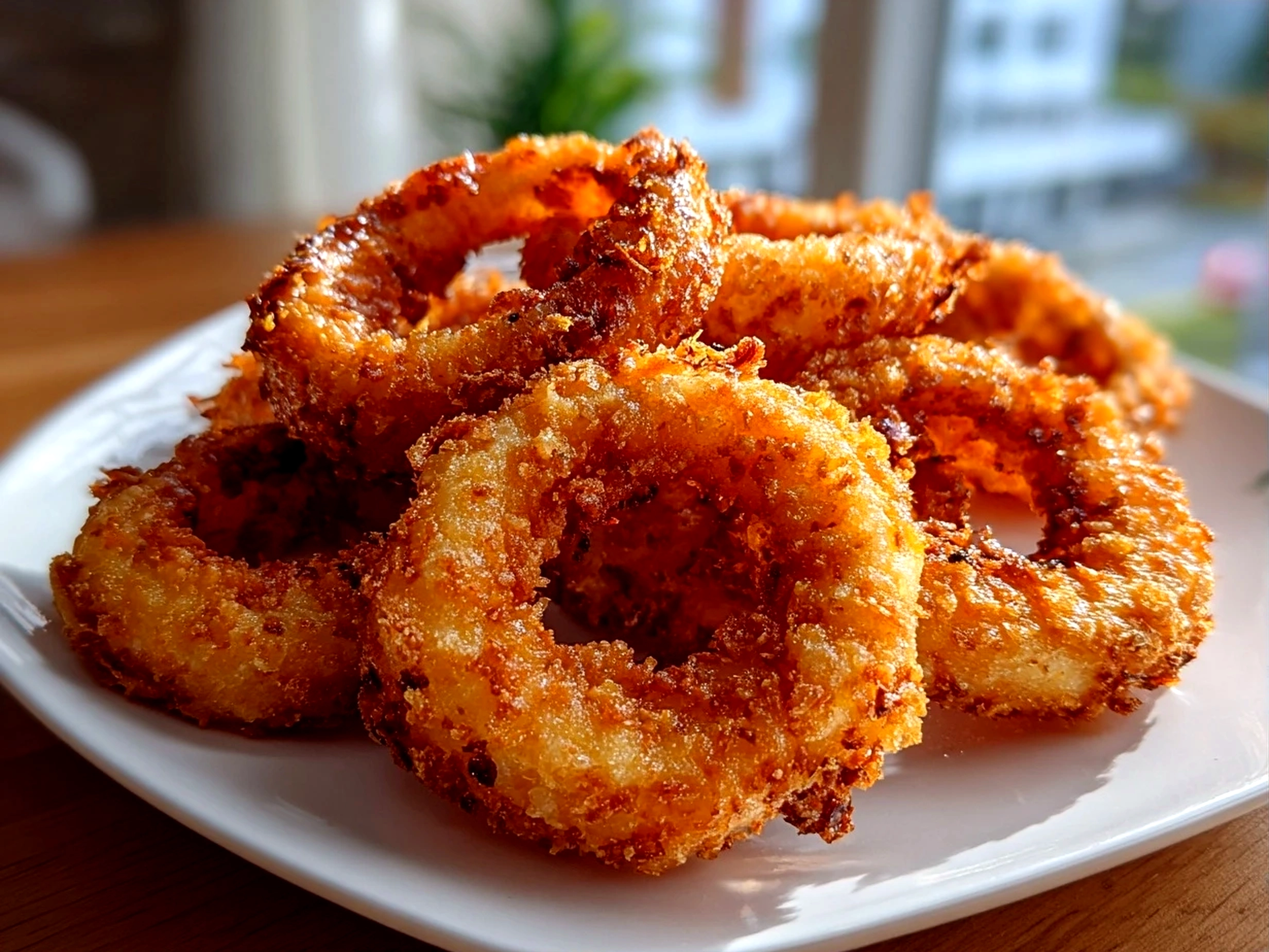 Freshly prepared homemade crispy onion rings on white plate