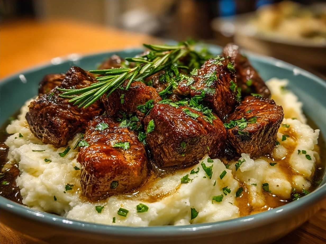 Plated Garlic Butter Beef Bites with Creamy Mashed Potatoes ready to serve as a hearty, comforting meal