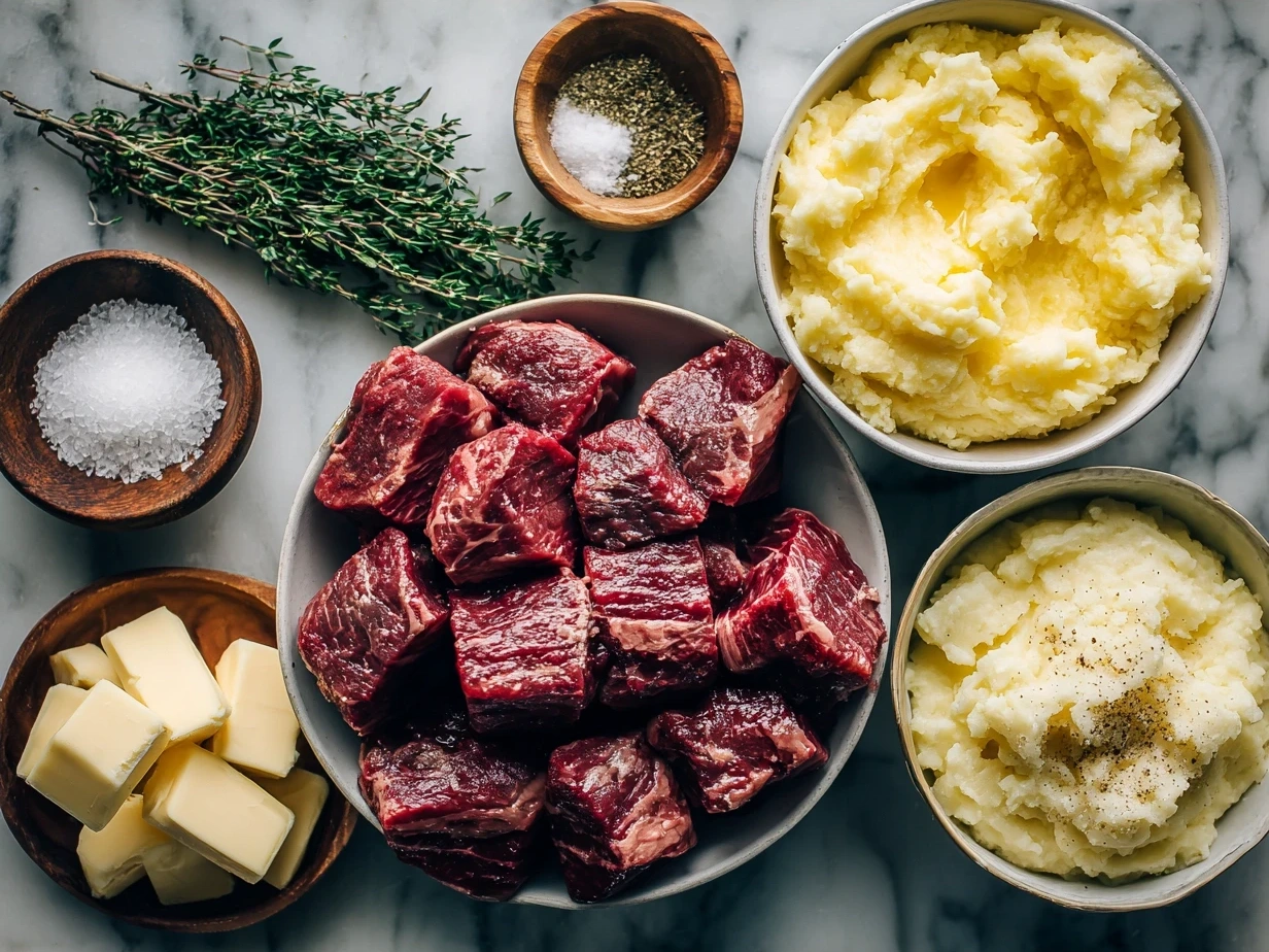 Ingredients for Garlic Butter Beef Bites with Creamy Mashed Potatoes arranged in bowls and prep containers