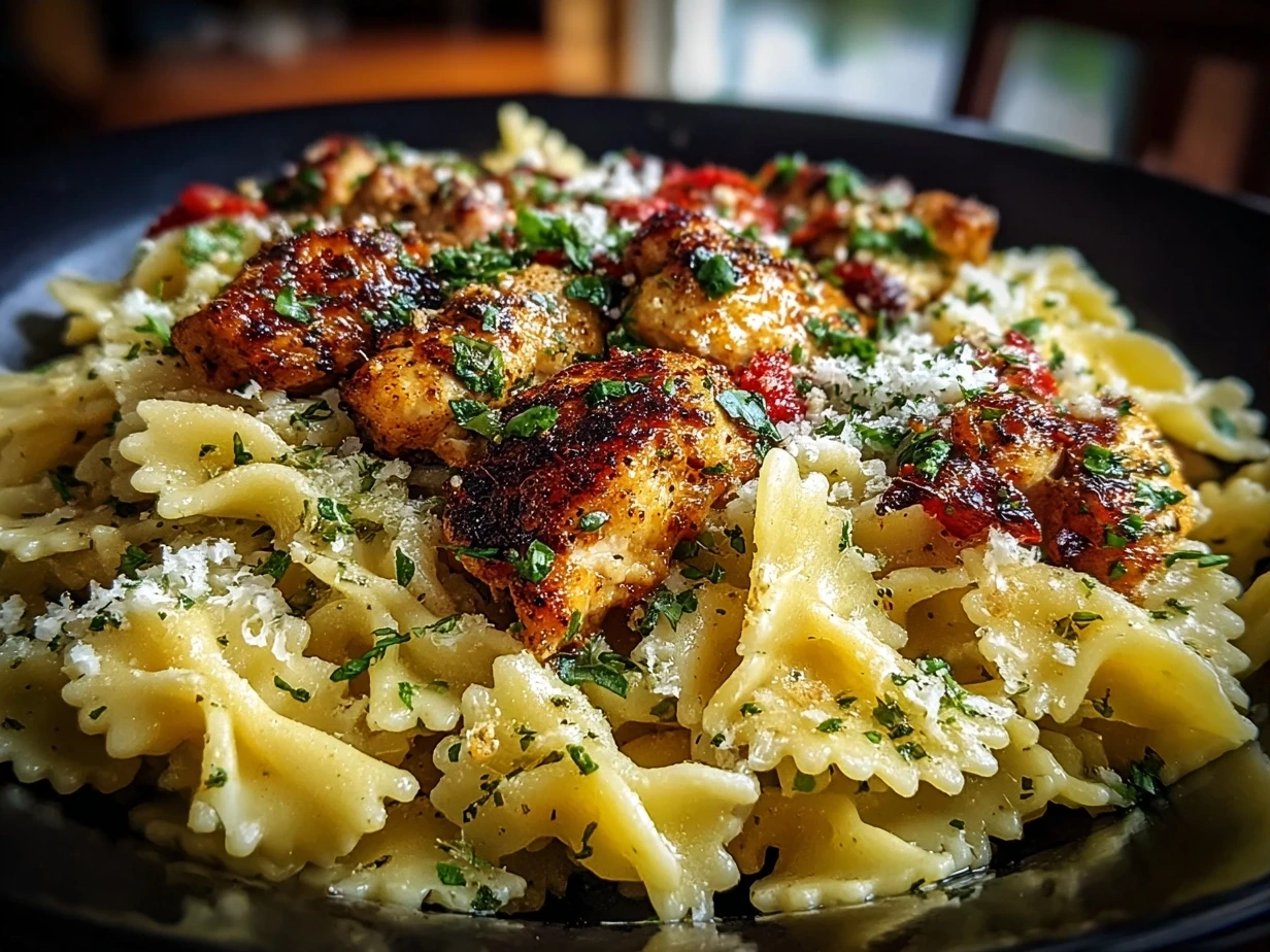 Finished dish of creamy garlic Parmesan chicken pasta garnished with fresh parsley