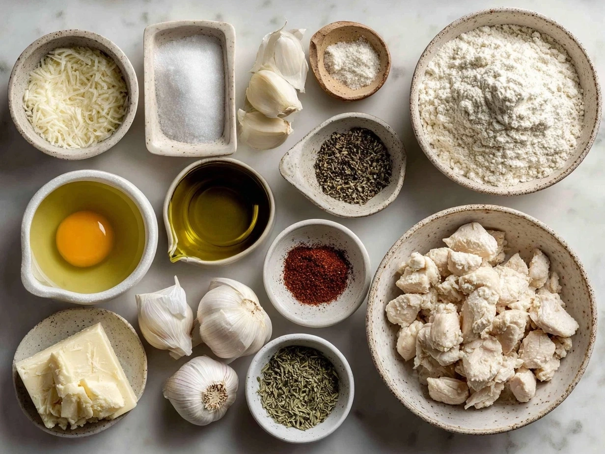 Ingredients for garlic Parmesan chicken pasta including penne pasta, chicken breasts, butter, garlic, heavy cream, Parmesan cheese, salt, pepper, and fresh parsley