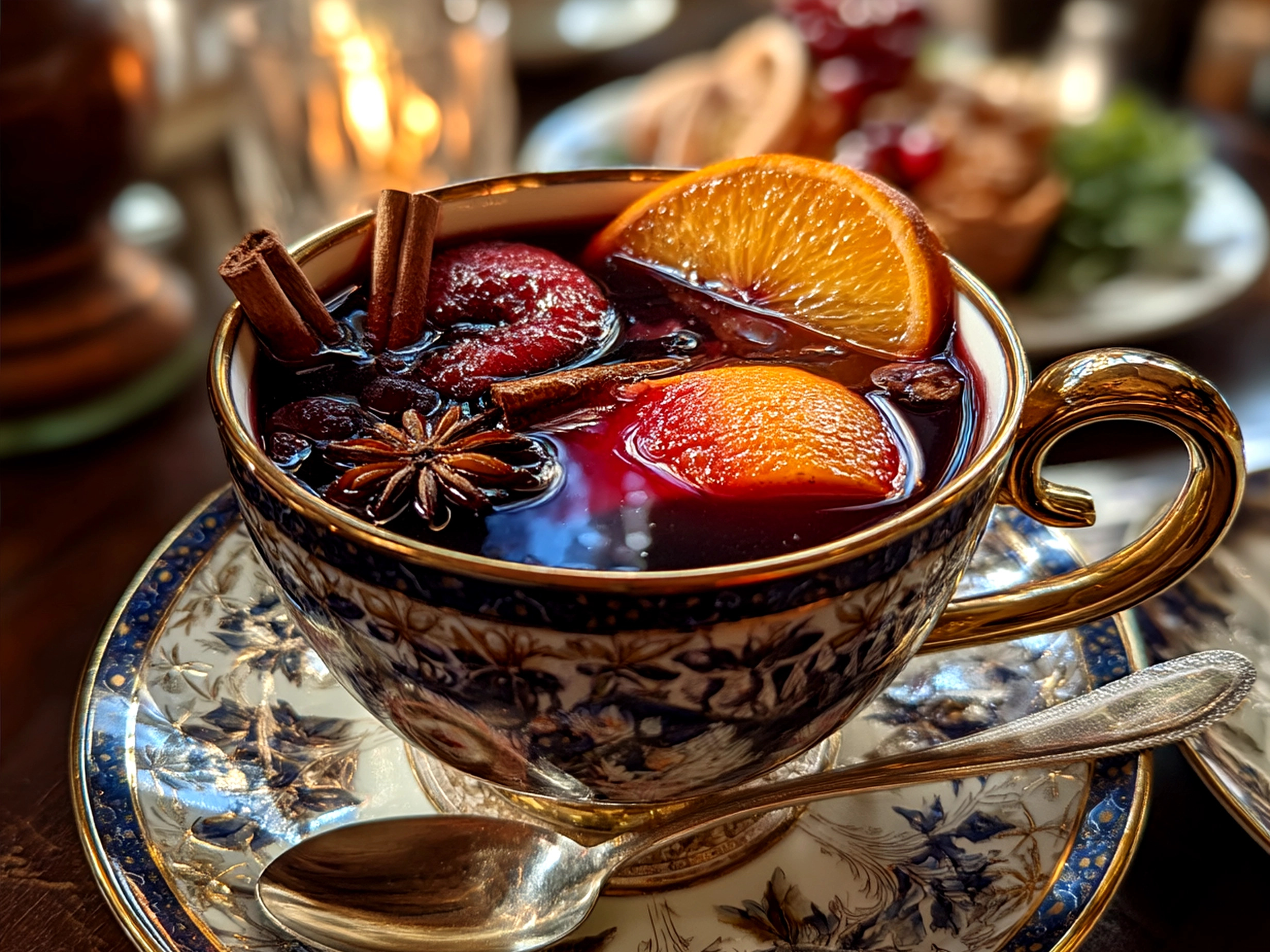 A warm glass of German Mulled Wine Glhwein garnished with an orange slice and cinnamon stick, served on a winter evening