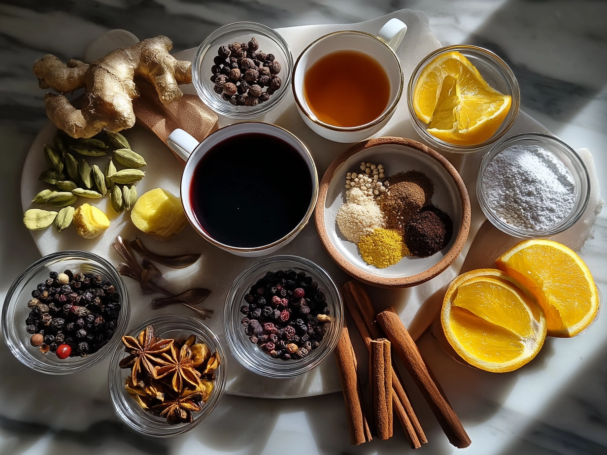 Ingredients for German Mulled Wine Glhwein laid out on a table including orange, cinnamon sticks, cloves, star anise, sugar, and a bottle of red wine