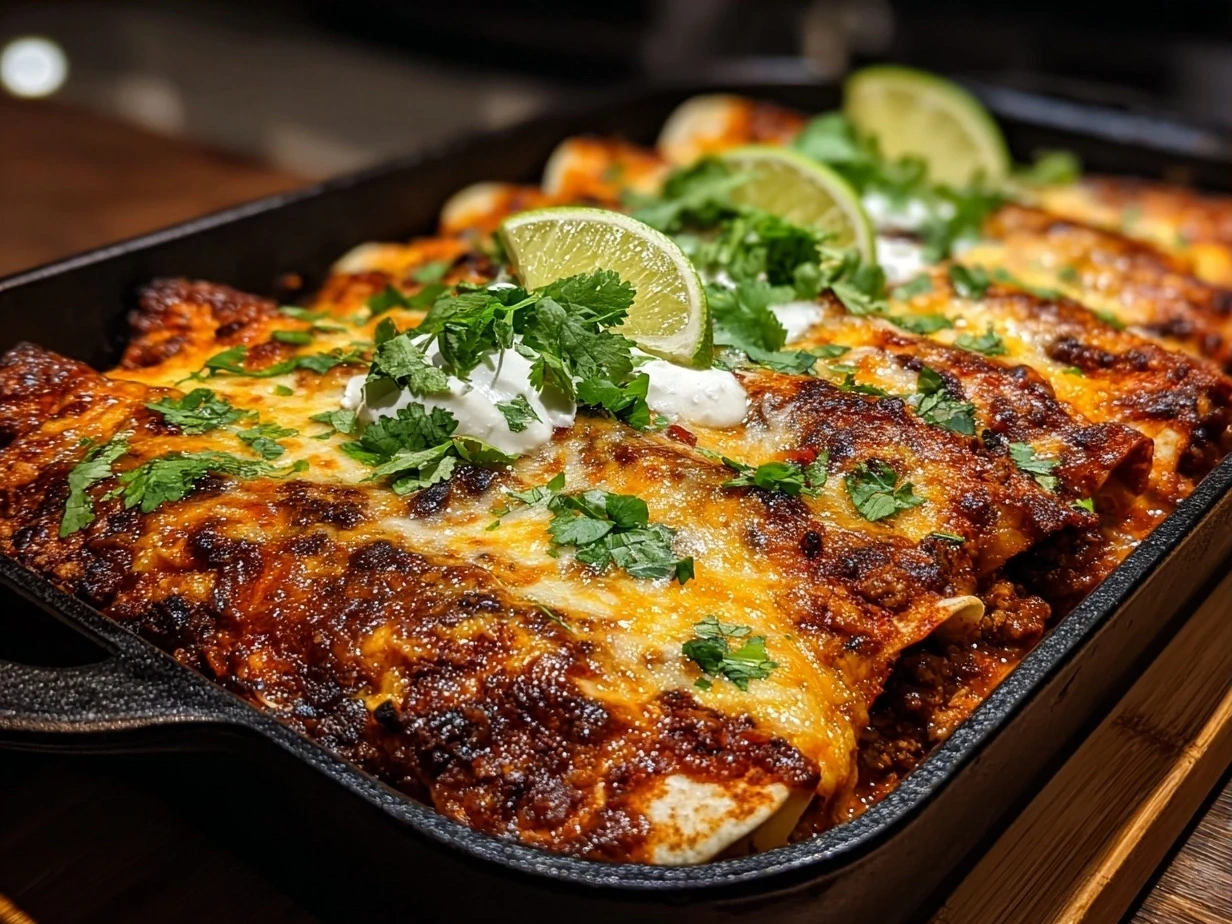 Finished Ground Turkey Black Bean Enchiladas baked and ready to serve