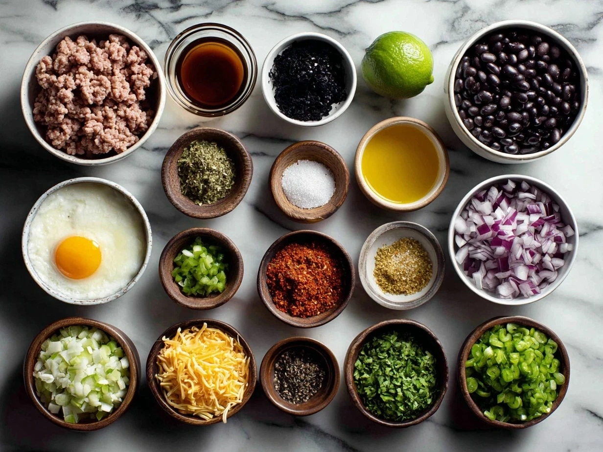 Ingredients for Ground Turkey Black Bean Enchiladas including ground turkey, black beans, tortillas, cheese, onion, bell pepper, and spices