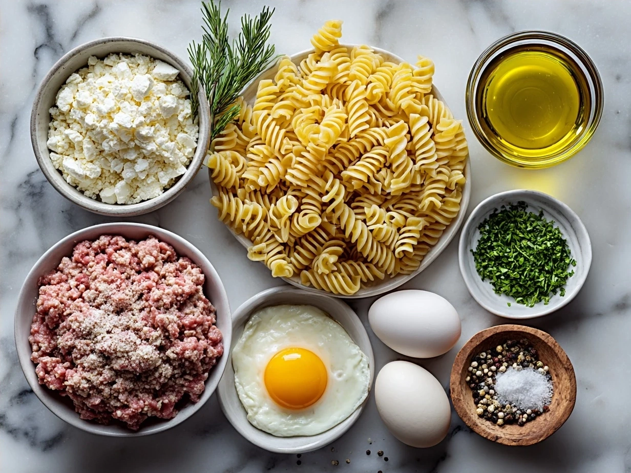 Ingredients for Ground Turkey Pasta laid out: lean ground turkey, whole wheat pasta, chopped onions, garlic, diced tomatoes, tomato paste, olive oil, and seasonings