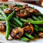 Home cook, iPhone 14. Close-up slight angle of freshly prepared garlic butter sautéed green beans and mushrooms on white plate. Warm appetizing --ar 4:3 --style raw --s 240