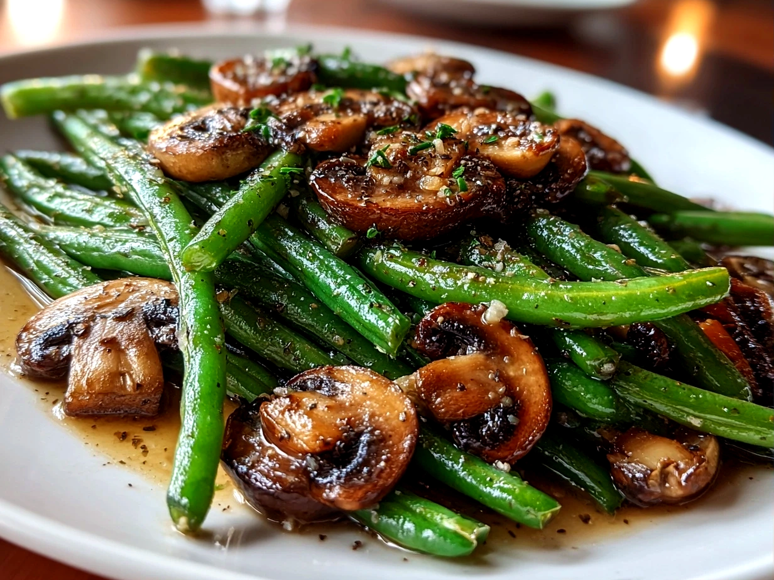 Home cook, iPhone 14. Close-up slight angle of freshly prepared garlic butter sautéed green beans and mushrooms on white plate. Warm appetizing --ar 4:3 --style raw --s 240